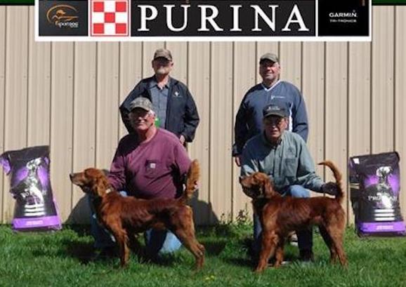 Open Shooting Dog Championship Winners. From left: Waycross with Dennis Hidalgo and Gratitude with Roger Boser. Standing: Judges Stan Williamson and Frank Vicari