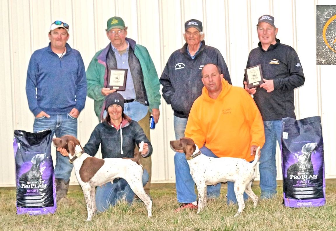 Open All-Age Winners. Front row, from left: April Raber with No Sleep Til Brook Lynn and Peter Coppens with H N's Hasty Matilda. Standing: Dan DiMambro, Judges Alan Benson, and Mike Jackson, and Hank Lewis