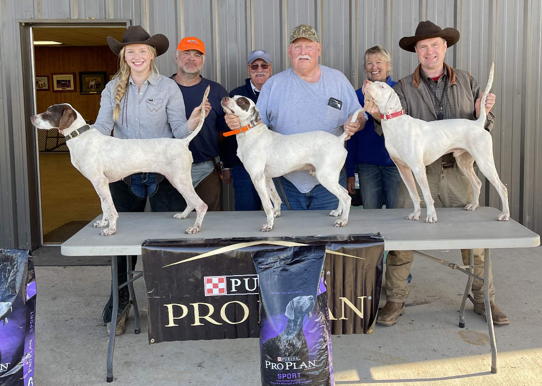 Amateur All-Age Winners. From left: Lydia Hale with Hale's Southern Touch, Mike Griffin with Griff's Big Ransom and Dr. Jeffrey Hale with Hale's High Demand.  Standing behind are: Judge Daniel Bridgewater, Barry Moore and Judge Tracy Haines