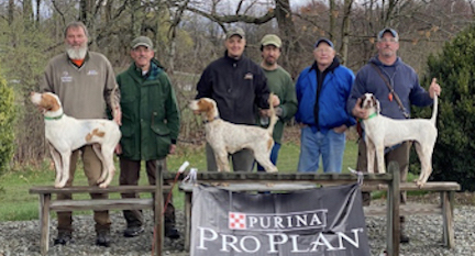 Amateur Shooting Dog Winners. From left: Jerry on Fire, Nick Puhak, Deciding Point ,Thor Kain and Bob Watts, and Huckleberry's Luck Penny, Dean Avillion. Behind:  Judges Mike Marcantie and Art Bruno